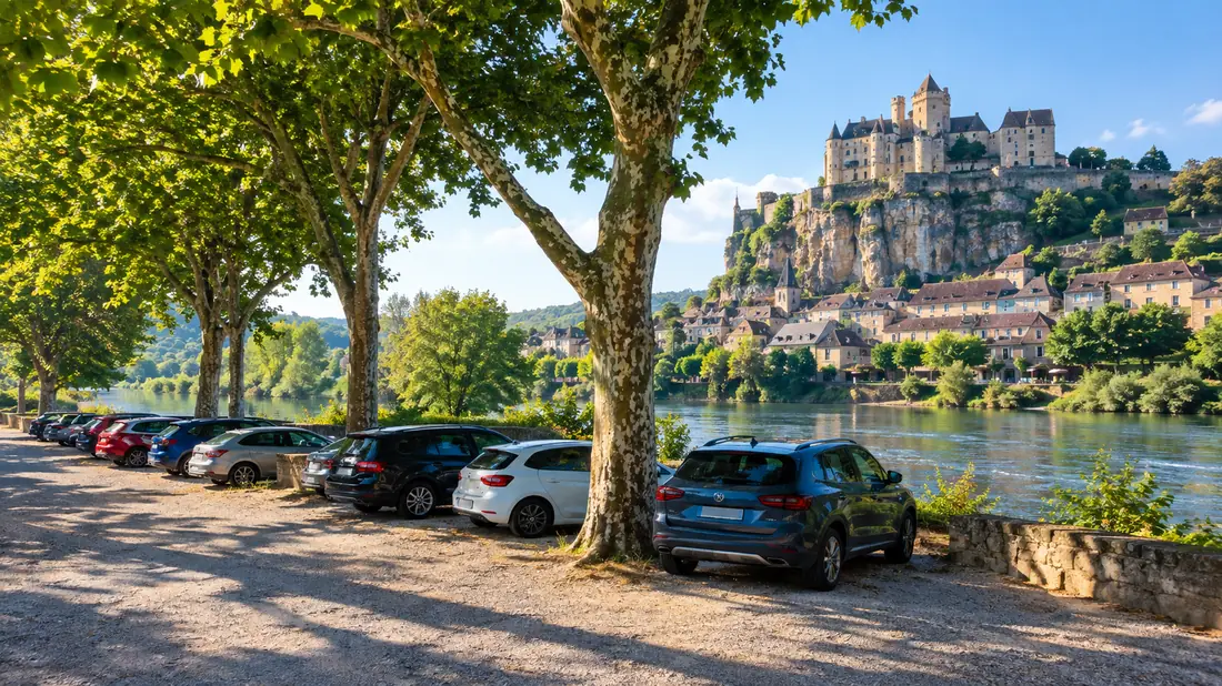 The riverside car parks at Beynac-et-Cazenac below the castle cliff
