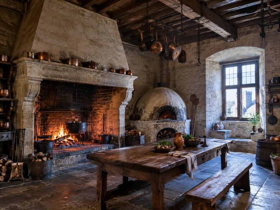The thirteenth-century kitchen at Beynac with its bread oven and large fireplace