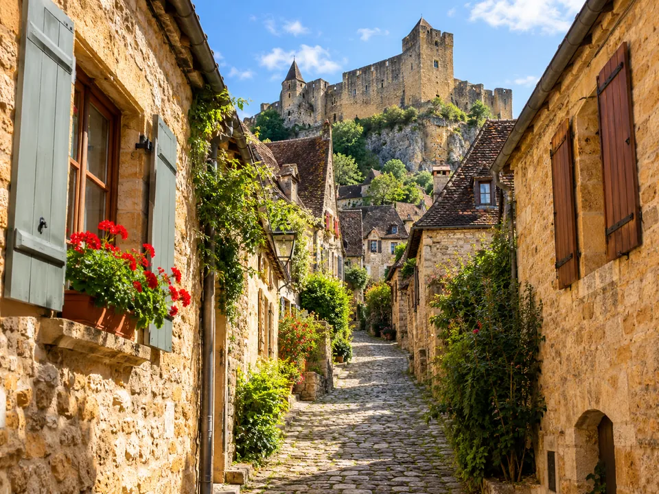 Cobbled lanes and golden-stone houses in the village of Beynac-et-Cazenac
